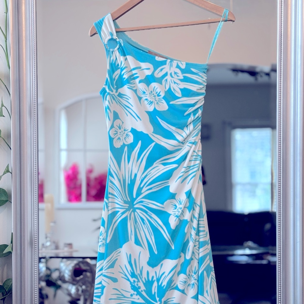 Tommy Bahama Sz XS One Shoulder Blue White Tropical Print Bodycon with lining.